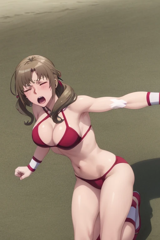 masterpiece, best quality, beautiful art, high resolution, well formed hands, body and fingers, 1 woman, solo, Mamako Oosuki, adult, hair ornament,  big breasted, cleavage, full body, long hair,  wearing a Tyris Flare outfit, sexy and skimpy bikini, gorgeous legs and thighs, ryona , in peril, she is being beaten up by her opponent, she is slapped in the face and being slammed against the floor, receiving the impact of her opponent's attacks, closed eyes, screaming in pain and agony, ryona and perilous scene, bouncing breasts, weak and helpless, martial arts tournament on the beach 