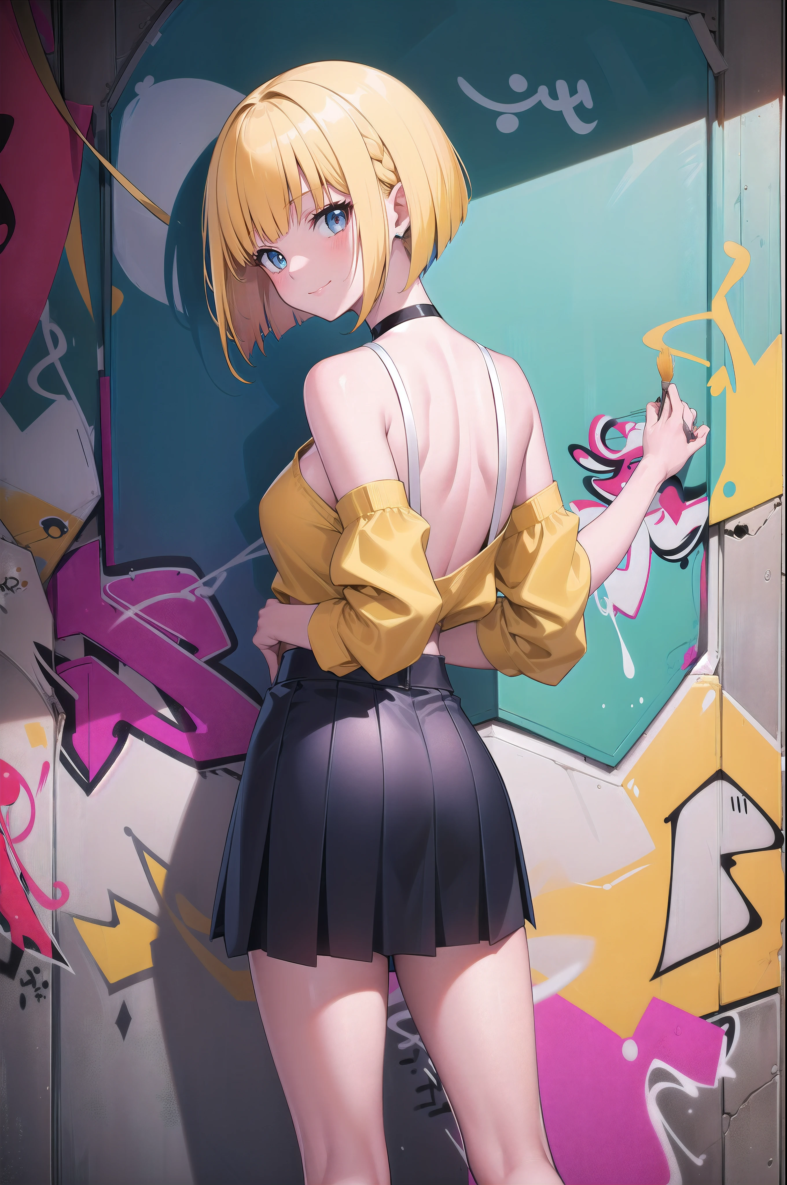 masterpiece, best quality, 1girl, solo, stylish crop top, smile, vibrant short yellow hair, bobhair, short-hair, short bob hair, (((bobcut))), bob haircut, very short bob cut, lip length hair, (sciled bob), buzzed nape ((haircut:1.3)), undercut, bobbed hair, minibob, sidecut, shaved, blue eyes, graduation bob, straight short hair, short hair above the ears, Shot diagonally from the side, elegant braid, soft bangs, upper body, alluring choker, (graffiti:1.5), artistic paint splatter, seductive arms behind back, leaning against wall, exposed back, fashionable armband, urban hiphop style, flirty skirt, playful head tilt, intense expression, warm orange, dynamic asymmetrical design, bold geometric shapes, creative street art, Communist art