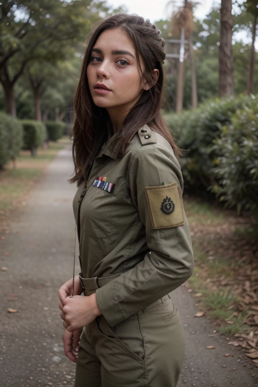 pictorialist style photo of ChristyMarks, (wearing army uniform:1.3), village, upper body, overcast lighting, eye level, <lora:ChristyMarks:1>