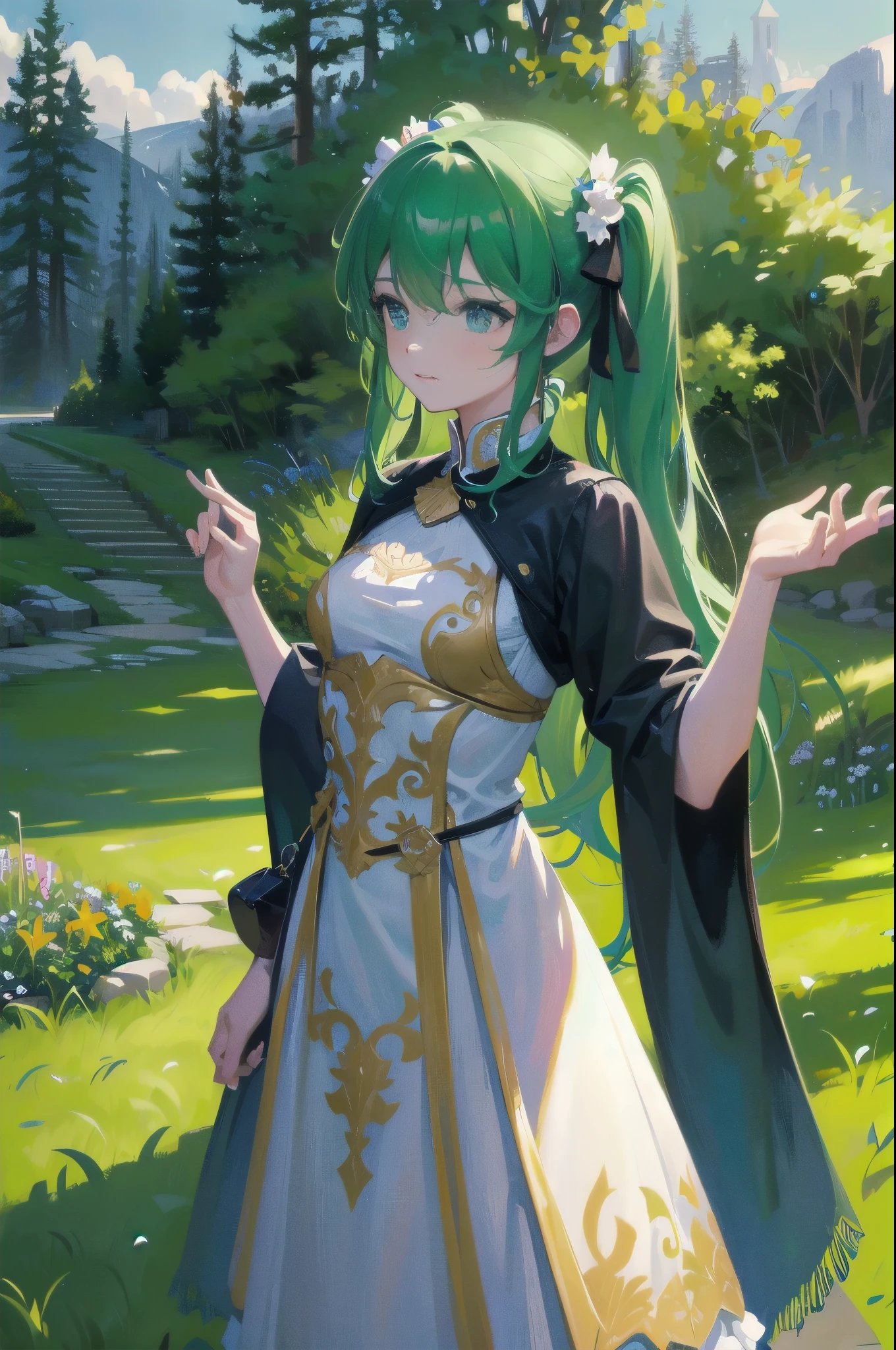 In a green meadow is a girl who leads a group of knights. BREAK With a brave expression, guides them to their destination. BREAK Behind her, A green forest extends and beyond that, Mountains rise in the distance. BREAK The most suitable effect for this scene would be a watercolor painting technique to capture the softness of the meadow and the fluidity of movement.. ,((detailed)), ((high quality)),((well structured)),((anatomically correct)),((good composition)), ((good perspective)),((masterpiece)), ( ( detailed outline)),((extremely detailed)),((digital art)), digital illustration, ((well-proportioned bodies)), high resolution, high definition, full definition, full resolution, detailed face, 4k,HD, Sharp,perfect,depth,with depth,sharp focus,Depth of field