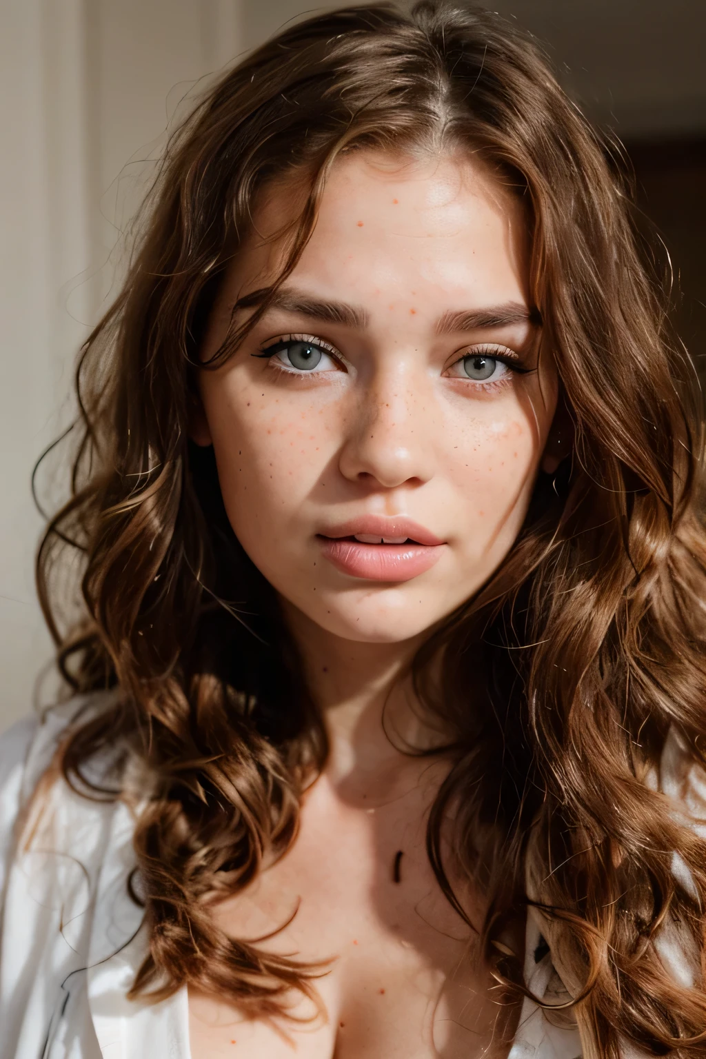 a close up of a woman with long brown hair and a white shirt, portrait sophie mudd, soft freckles, light cute freckles, beautiful fine face features, girl with brown hair, light freckles, photo of a beautiful woman, woman with freckles, portrait of a beautiful model, ginger hair with freckles, very light freckles, extremely beautiful face, beautiful face and flawless skin