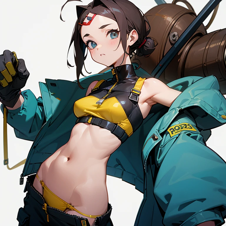 young girl、thin、modest chest、Goggles on foreheadをつけている、small ass、A thin and delicate mechanic girl、loose clothing、Oversized Cargo Pants、that'belly button、- Front zip、high neck with zipper、Tube top、bare shoulders、turtleneck、off shoulder、Work gloves、Goggles on forehead、hold a wrench in one hand、brown skin、middle hair、thin、big breasts、cleavage、choker、low rise pants、