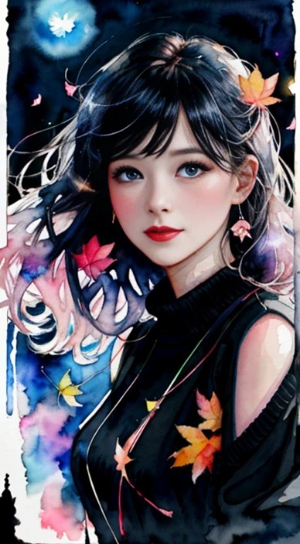 (8K、highest quality、masterpiece:1.2)、(highest quality:1.0)、(超A high resolution:1.0)、watercolor painting、beautiful 30 year old woman、slight smile,shoulder、hair blowing in the wind,hair ribbon、Oversized long-sleeved sweater,half body portrait、very bright design、pastel colour、(pitch black:1.3)、autumn lights,watercolor painting