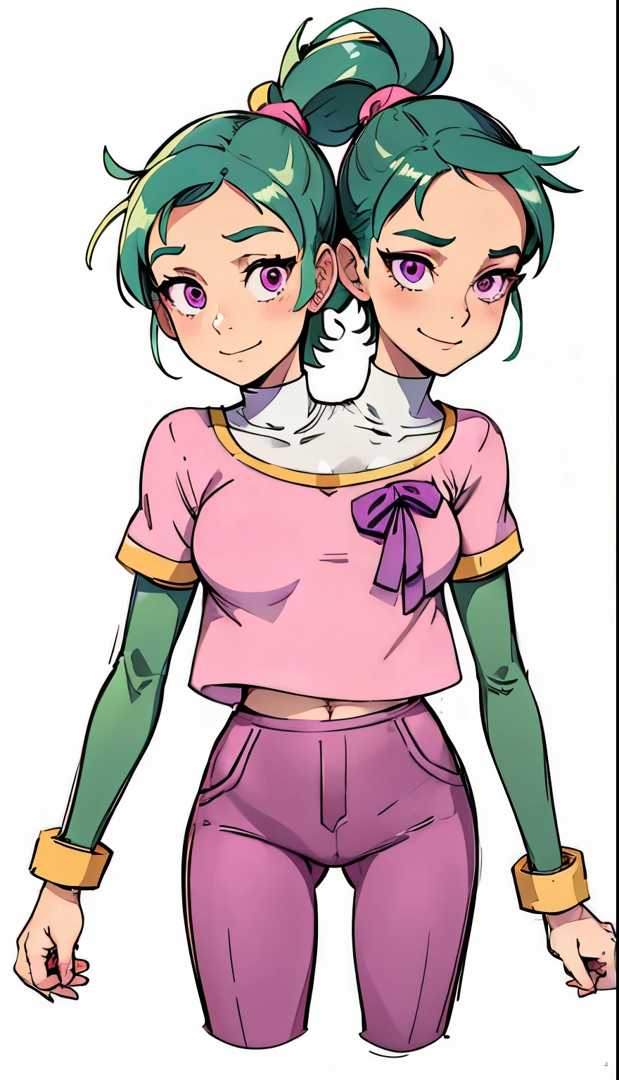 (masterpiece),(ultra-detailed), (high quality), (high resolution), (best quality:1.5, highres, UHD), highres, absurdo, ultra detail, ultra quality, ((2heads:1.5)), 1girl, Ultra resolution, 16k, best quality, 1girl, (green hair), violet eyes, high school student , teenage girl, pink turtleneck shirt (((purple outfit))), pink skirt pants, gentle smile, short, ponytail