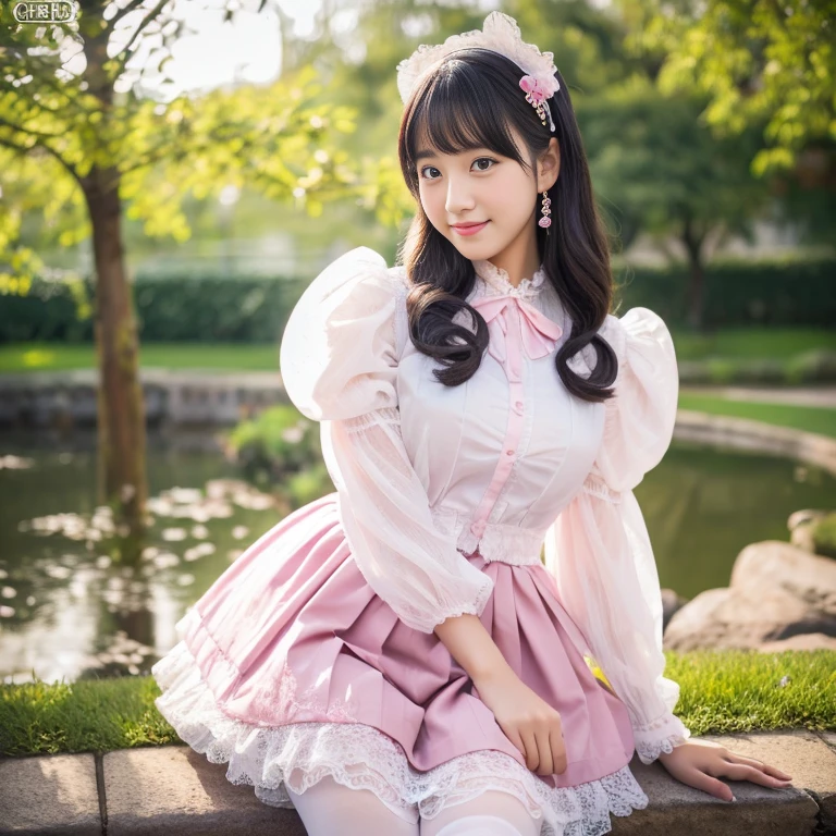 best quality, masterpiece, lifelike, 1 girl, alone, eternal, black hair, Long curly hair, blunt bangs, Smile, pink skirt, pink ta dress, layered skirt, Lolityle long skirt,分層連衣裙 lace-trimmed 裙子, decorate, lace, long sleeve, puff sleeves, wide sleeves, Transparent sleeves, hair accessories, 在flower园里, flower, Detailed background, delicate face,pink blush,White knee-length socks, Pink shoes,Lots of lace,((masterpiece))、(top quality)、8K、high detail、super detailed、 21 years old female,穿着pink lolita d((dreamy atmosphere:1.1))、Seductive and whimsical style、masterpiece、born、Scenes resembling fairy tale illustrations、Intricate details showcase the ruffles and intricate designs of the Lolita dressutifully、magic、capricious、 Dream aesthetics、「𝓡𝓸𝓶𝓪𝓷𝓽𝓲𝓬、ethereal、charming、fickle、magic」、realism、Visual effect、FXAA、SSAO、shader、voiceless、ambient lighting、Tone mapping、High resolution、ultra high definition、megapixel、(8K resolution:1.10)、8K、Below 8K、8K resolution、high detail、intricate details、 (high quality:1.2、masterpiece:1.2、:1.21)、(21 years old female:1.21)、(興奮地Smile)、(Surrounded by the dreamy atmosphere of an amusement par色洛丽塔连衣裙、Her eyes were full of surprise and joy、I took a lot of geek photos、High heel、Model diagram,full-body shot,Knee-high 白色的 lace socks,Sweet Lolita,Normal 2 ,Pink shoes,Baotou shoes,full-body shot,不要exposed你的手指,cold,Emphasize the volume of the skirt,exposed,huge breasts,white underwear,The skirt flew up,spread your legs,low cut,exposed,tutu,Large skirt