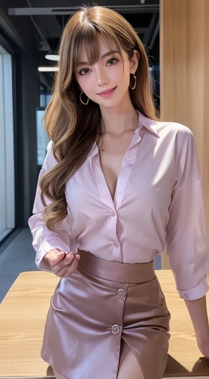 (table top:1.3), High resolution, super detailed, Highly detailed CG Unity 8K wallpaper, realistic, Photoreal, Raw photo, beautiful and detailed face, pale skin, realistic glowing skin, fine cloth texture, detailed hair texture, perfect body, beautiful face, Accurate, anatomically correct, Highly detailed face and skin texture, natural neck length, (beautiful hands), (Fair skin:1.2), thin legs, thin legs,
break,
fine eyes, symmetrical eyes, light brown eyes, double eyelid, thin eyebrows, (glossy lips:1.4), ((smile gently:1.2)), (blush:1.1),
break,
(classy and cute girl:1.3), (He is wearing an elegant light purple button shirt.:1.2), (Please wear a pencil skirt or miniskirt:1.2), pink good, pink panties,
medium big breasts, (slender body shape:1.1), toned abdominal muscles, beautiful clavicle,
(dark blonde hair, wavy hair, long hair:1.2), ((asymmetrical bangs:1.2)),
break,
((stand in the reception:1.1)), (Inside a modern office building in Japan:1.2), (cowboy shot:1.2), looking at the viewer, from the front,