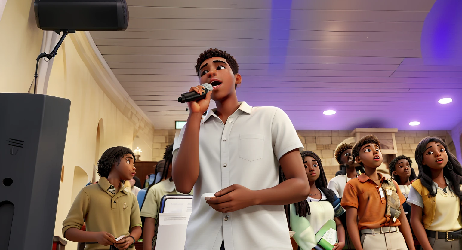 A young man sang in church with a wireless microphone in his hand