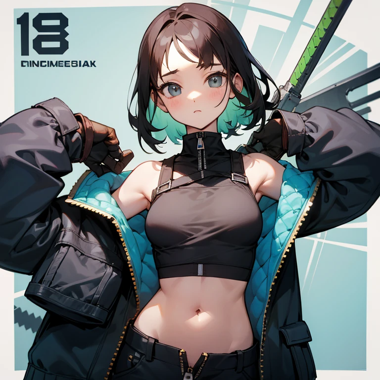 young girl、thin、modest chest、Goggles on foreheadをつけている、small ass、A thin and delicate mechanic girl、loose clothing、Oversized Cargo Pants、that&#39;belly button、- Front zip、high neck with zipper、Tube top、bare shoulders、turtleneck、off shoulder、Work gloves、Goggles on forehead、hold a wrench in one hand、brown skin、middle hair、thin、big breasts、cleavage、choker、low rise pants、