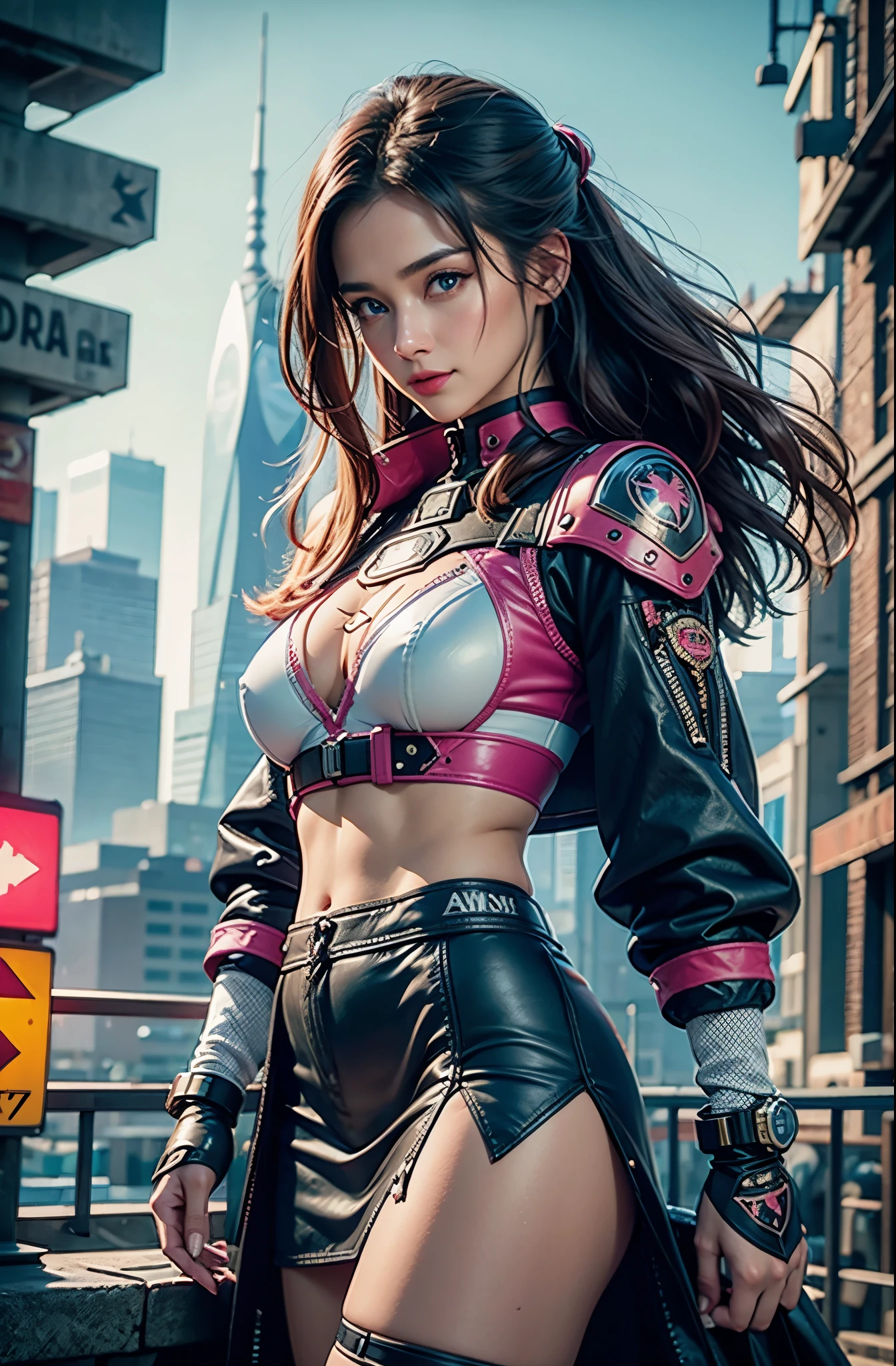 Pink and vibrant colors, cyberpunk 25, perfect, smiles, shoulder pads with metal spines, Brooklyn bridge, short short skirt, Heavy Metal inspired, white and gold crop top, leather protection on the left arm with intricate graphics, Dark red with white stars and white and navy blue checkerboard pattern, armor, intricate design, holding glowing orb