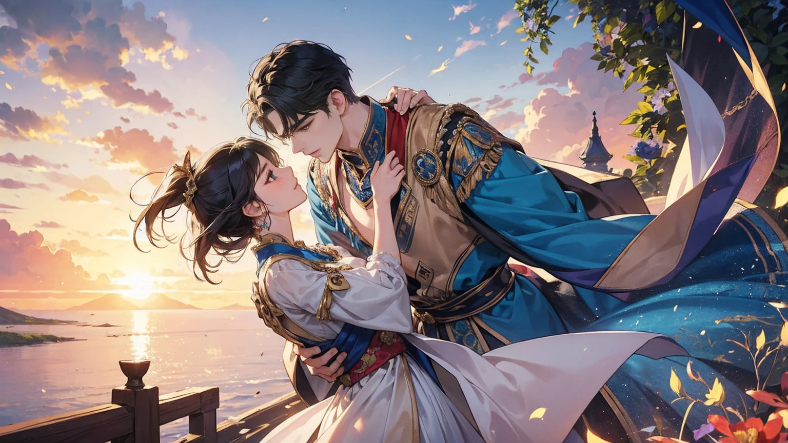 An intimate encounter between a man and a woman unfolds in a heartwarming and enchanting scene.。The stage is、steppe of central asia。The banks of the great river sparkling in the sunlight。Fantastic and majestic continental scenery。Creates a romantic atmosphere。 They stand facing each other,。their heights are different from each other。 emphasizes their unique physical characteristics。 That man is his height,Has dark hair that frames his striking face。The man is the crown prince of a steppe nomadic empire.。The man was wearing an ultramarine costume.、It is decorated with intricate golden embroidery.。A woman is a civilian in the oasis and is wearing Uyghur national costume.。The woman is delicate and .。Show off your radiant beauty with flowing, brightly colored hair. Their lips meet in a passionate kiss。 their pure love、Emphasis is placed on transcending class and culture.。 This magical moment captures the essence of their love,。evokes a feeling of sweetness and enchantment。Japanese girl manga patterns、symbolism、romantic、Persian miniature、Reminiscent of the style of Alma Tadema and Gustave Moreau、It has an exotic, luxurious and profound charm.。