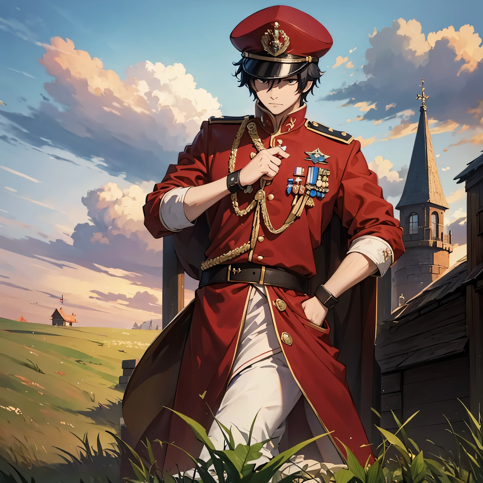 A man wearing red royal guard uniform, royal guard hat, along with several royal guard soldier, in an open field,  ultra resolution, masterpiece, very detailed, high quality. 4k hd
