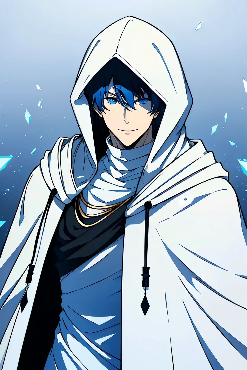 1 man, ((white skin)), ((dark blue hair)), ((whater blue shinny eyes)), smile, ((all white clotes)), ((dressing a black hood)).