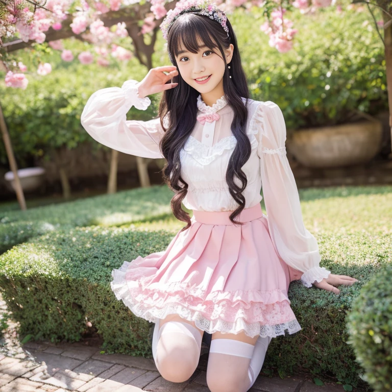 best quality, masterpiece, lifelike, 1 girl, alone, eternal, black hair, Long curly hair, blunt bangs, Smile, pink skirt, pink lolita dress, layered skirt, Lolita style long skirt,分層連衣裙 lace-trimmed 裙子, decorate, lace, long sleeve, puff sleeves, wide sleeves, Transparent sleeves, hair accessories, 在flower园里, flower, Detailed background,  delicate face，pink blush，White knee-length socks, Pink shoes，Lots of lace，((​masterpiece))、(top quality)、8K、high detail、super detailed、 21 years old female，穿着pink lolita dress((dreamy atmosphere:1.1))、Seductive and whimsical style、​masterpiece、born、Scenes resembling fairy tale illustrations、Intricate details showcase the ruffles and intricate designs of the Lolita dress、beautifully、magic、capricious、 Dream aesthetics、「𝓡𝓸𝓶𝓪𝓷𝓽𝓲𝓬、ethereal、charming、fickle、magic」、realism、Visual effect、FXAA、SSAO、shader、voiceless、ambient lighting、Tone mapping、High resolution、ultra high definition、megapixel、(8K resolution:1.10)、8K、Below 8K、8K resolution、high detail、intricate details、 (high quality:1.2、​masterpiece:1.2、:1.21)、(21 years old female:1.21)、(興奮地Smile)、(Surrounded by the dreamy atmosphere of an amusement par色洛丽塔连衣裙、Her eyes were full of surprise and joy、I took a lot of geek photos、High heel、Model diagram，full-body shot，Knee-high 白色的 lace socks,Sweet Lolita，Normal 2 feet，Pink shoes，Baotou shoes，full-body shot，不要exposed你的手指，cold，Emphasize the volume of the skirt，exposed，huge breasts，white underwear,The skirt flew up，spread your legs，low cut，exposed，tutu，Large skirt，hair accessories