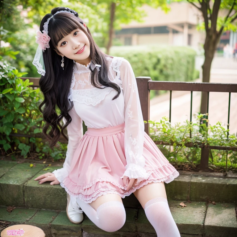 best quality, masterpiece, lifelike, 1 girl, alone, eternal, black hair, Long curly hair, blunt bangs, Smile, pink skirt, pink lolita dress, layered skirt, Lolita style long skirt,分層連衣裙 lace-trimmed 裙子, decorate, lace, long sleeve, puff sleeves, wide sleeves, Transparent sleeves, hair accessories, 在flower园里, flower, Detailed background, delicate face,pink blush,White knee-length socks, Pink shoes,Lots of lace,((masterpiece))、(top quality)、8K、high detail、super detailed、 21 years old female,穿着pink lolita dress((dreamy atmosphere:1.1))、Seductive and whimsical style、masterpiece、born、Scenes resembling fairy tale illustrations、Intricate details showcase the ruffles and intricate designs of the Lolita dress、beautifully、magic、capricious、 Dream aesthetics、「𝓡𝓸𝓶𝓪𝓷𝓽𝓲𝓬、ethereal、charming、fickle、magic」、realism、Visual effect、FXAA、SSAO、shader、voiceless、ambient lighting、Tone mapping、High resolution、ultra high definition、megapixel、(8K resolution:1.10)、8K、Below 8K、8K resolution、high detail、intricate details、 (high quality:1.2、masterpiece:1.2、:1.21)、(21 years old female:1.21)、(興奮地Smile)、(Surrounded by the dreamy atmosphere of an amusement par色洛丽塔连衣裙、Her eyes were full of surprise and joy、I took a lot of geek photos、High heel、Model diagram,full-body shot,Knee-high 白色的 lace socks,Sweet Lolita,Normal 2 feet,Pink shoes,Baotou shoes,full-body shot,不要exposed你的手指,cold,Emphasize the volume of the skirt,exposed,huge breasts,white underwear,The skirt flew up,spread your legs,low cut,exposed,tutu,Large skirt,hair accessories
