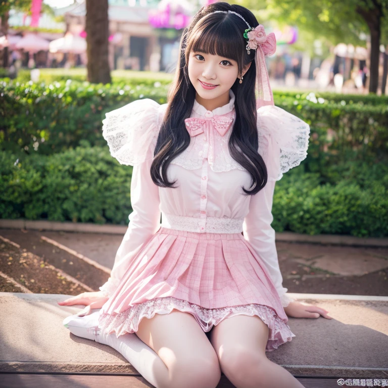 best quality, masterpiece, lifelike, 1 girl, alone, eternal, black hair, Long curly hair, blunt bangs, Smile, pink skirt, pink lolita dress, layered skirt, Lolita style long skirt,分層連衣裙 lace-trimmed 裙子, decorate, lace, long sleeve, puff sleeves, wide sleeves, Transparent sleeves, hair accessories, 在flower园里, flower, Detailed background,  delicate face，pink blush，White knee-length socks, Pink shoes，Lots of lace，((​masterpiece))、(top quality)、8K、high detail、super detailed、 21 years old female，穿着pink lolita dress((dreamy atmosphere:1.1))、Seductive and whimsical style、​masterpiece、born、Scenes resembling fairy tale illustrations、Intricate details showcase the ruffles and intricate designs of the Lolita dress、beautifully、magic、capricious、 Dream aesthetics、「𝓡𝓸𝓶𝓪𝓷𝓽𝓲𝓬、ethereal、charming、fickle、magic」、realism、Visual effect、FXAA、SSAO、shader、voiceless、ambient lighting、Tone mapping、High resolution、ultra high definition、megapixel、(8K resolution:1.10)、8K、Below 8K、8K resolution、high detail、intricate details、 (high quality:1.2、​masterpiece:1.2、:1.21)、(21 years old female:1.21)、(興奮地Smile)、(Surrounded by the dreamy atmosphere of an amusement par色洛丽塔连衣裙、Her eyes were full of surprise and joy、I took a lot of geek photos、High heel、Model diagram，full-body shot，Knee-high 白色的 lace socks,Sweet Lolita，Normal 2 feet，Pink shoes，Baotou shoes，full-body shot，不要exposed你的手指，cold，Emphasize the volume of the skirt，exposed，huge breasts，white underwear,The skirt flew up，spread your legs，low cut，exposed，tutu，Large skirt，hair accessories