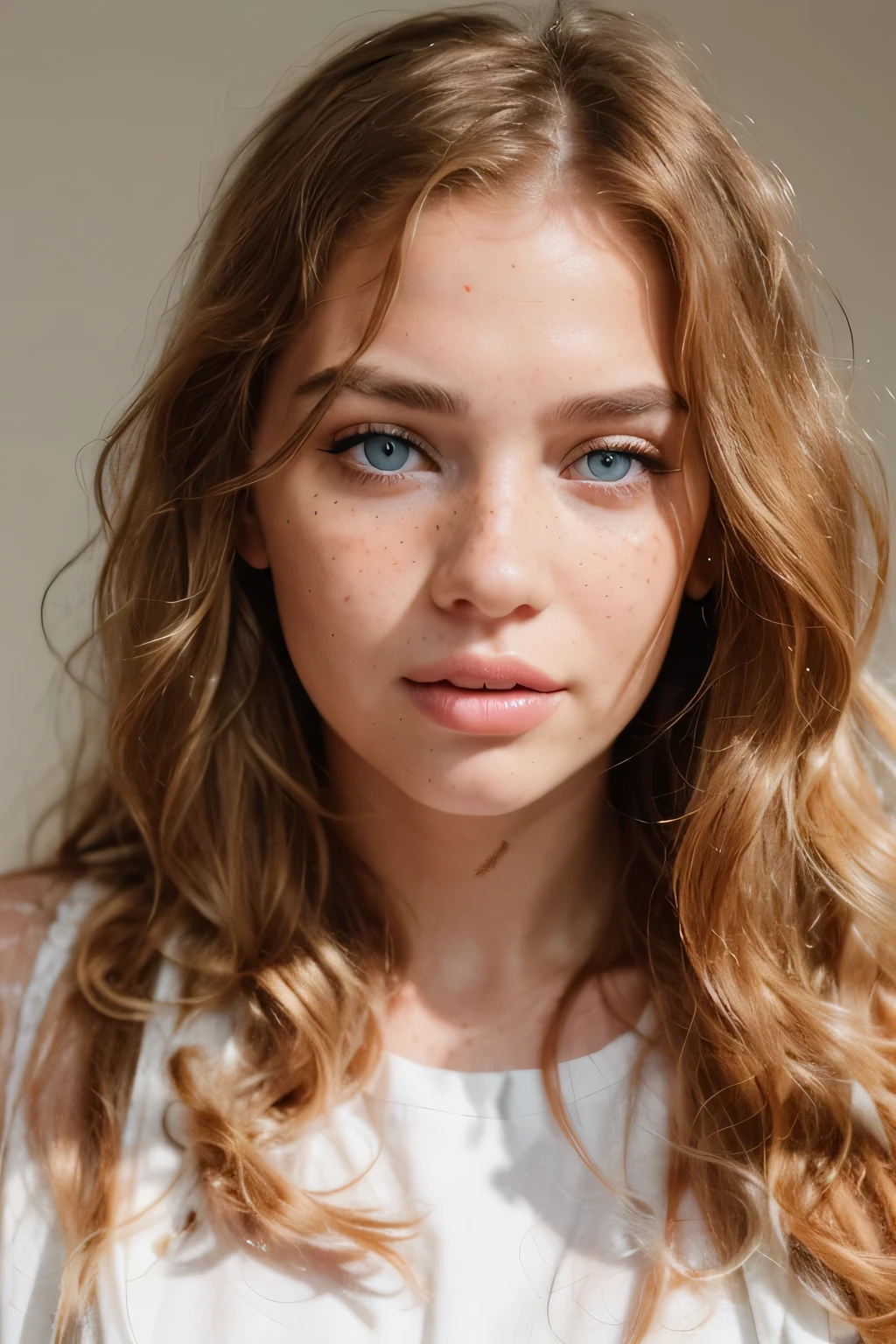 a close up of a woman with long blonde hair and a white shirt, blondie, pastel blue eyes,portrait sophie mudd, soft freckles, light cute freckles, beautiful fine face features, girl with brown hair, light freckles, photo of a beautiful woman, woman with freckles, portrait of a beautiful model, ginger hair with freckles, very light freckles, extremely beautiful face, beautiful face and flawless skin