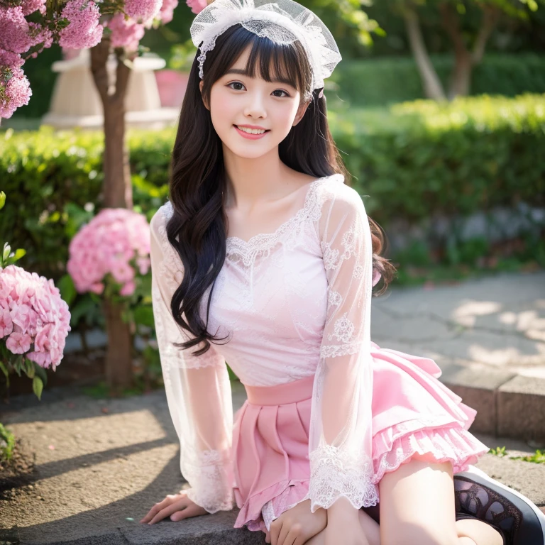 best quality, masterpiece, lifelike, 1 girl, alone, eternal, black hair, Long curly hair, blunt bangs, Smile, pink skirt, pink lolita dress, layered skirt, Lolita style long skirt,分層連衣裙 lace-trimmed 裙子, decorate, lace, long sleeve, puff sleeves, wide sleeves, Transparent sleeves, hair accessories, 在flower园里, flower, Detailed background,  delicate face，pink blush，White knee-length socks, Pink shoes，Lots of lace，((​masterpiece))、(top quality)、8K、high detail、super detailed、 21 years old female，穿着pink lolita dress((dreamy atmosphere:1.1))、Seductive and whimsical style、​masterpiece、born、Scenes resembling fairy tale illustrations、Intricate details showcase the ruffles and intricate designs of the Lolita dress、beautifully、magic、capricious、 Dream aesthetics、「𝓡𝓸𝓶𝓪𝓷𝓽𝓲𝓬、ethereal、charming、fickle、magic」、realism、Visual effect、FXAA、SSAO、shader、voiceless、ambient lighting、Tone mapping、High resolution、ultra high definition、megapixel、(8K resolution:1.10)、8K、Below 8K、8K resolution、high detail、intricate details、 (high quality:1.2、​masterpiece:1.2、:1.21)、(21 years old female:1.21)、(興奮地Smile)、(Surrounded by the dreamy atmosphere of an amusement par色洛丽塔连衣裙、Her eyes were full of surprise and joy、I took a lot of geek photos、High heel、Model diagram，full-body shot，Knee-high 白色的 lace socks,Sweet Lolita，Normal 2 feet，Pink shoes，Baotou shoes，full-body shot，不要exposed你的手指，cold，Emphasize the volume of the skirt，exposed，huge breasts，white underwear,The skirt flew up，spread your legs，low cut，exposed，tutu，Large skirt，hair accessories