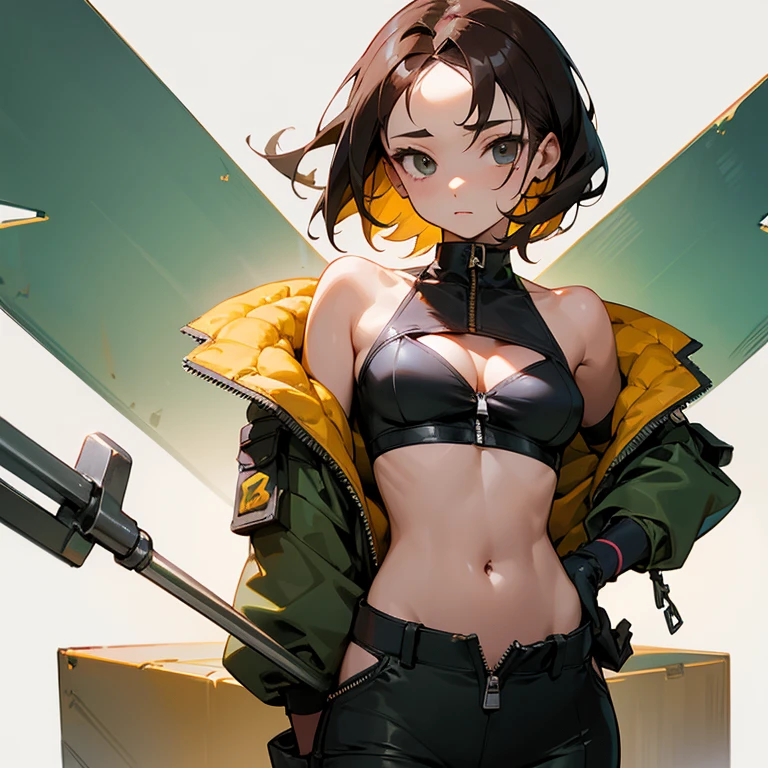 young girl、confident face、thin、modest chest、Goggles on foreheadをつけている、small ass、A thin and delicate mechanic girl、loose clothing、Oversized Cargo Pants、that&#39;belly button、- Front zip、high neck with zipper、Tube top、bare shoulders、turtleneck、off shoulder、Work gloves、Goggles on forehead、hold a wrench in one hand、brown skin、middle hair、thin、big breasts、cleavage、choker、low rise pants、