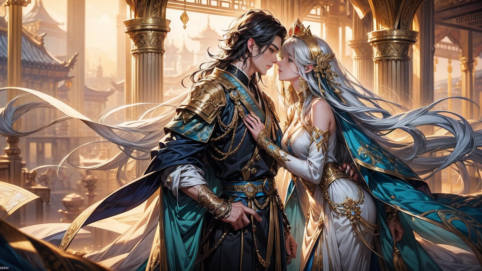 An intimate encounter between a man and a woman unfolds in a heartwarming and enchanting scene.。The stage is、steppe of central asia。The banks of the great river sparkling in the sunlight。Fantastic and majestic continental scenery。Creates a romantic atmosphere。 They stand facing each other,。their heights are different from each other。 emphasizes their unique physical characteristics。 That man is his height,Has dark hair that frames his striking face。The man is the crown prince of a steppe nomadic empire.。The man was wearing an ultramarine costume.、It is decorated with intricate golden embroidery.。A woman is a civilian in the oasis and is wearing Uyghur national costume.。The woman is delicate and .。Show off your radiant beauty with flowing, brightly colored hair. Their lips meet in a passionate kiss。 their pure love、Emphasis is placed on transcending class and culture.。 This magical moment captures the essence of their love,。evokes a feeling of sweetness and enchantment。Japanese girl manga patterns、symbolism、romantic、Persian miniature、Reminiscent of the style of Alma Tadema and Gustave Moreau、It has an exotic, luxurious and profound charm.。