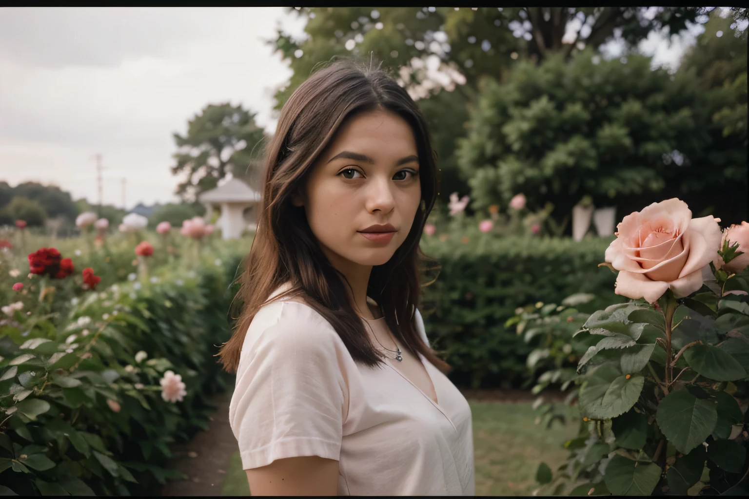 8K, foto fujifilm, Style photo of a beautiful rose in a light pink rose garden. (film grain, 35mm, lindo estilo