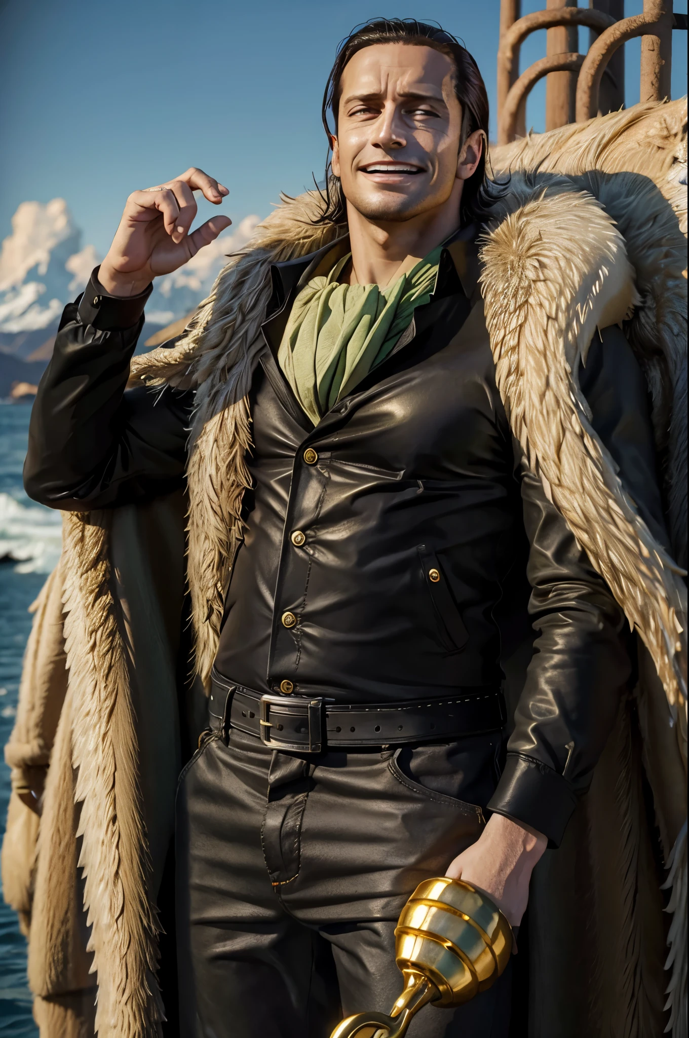 masterpiece, best quality, extremely detailed, hyperrealistic, photorealistic, a cool 40s man, ultra detailed face:1.2, fur-trimmed coat, scarf around the neck, his left hand is a golden pirate hook:1.1, on ship, sea:1.2, smiling
