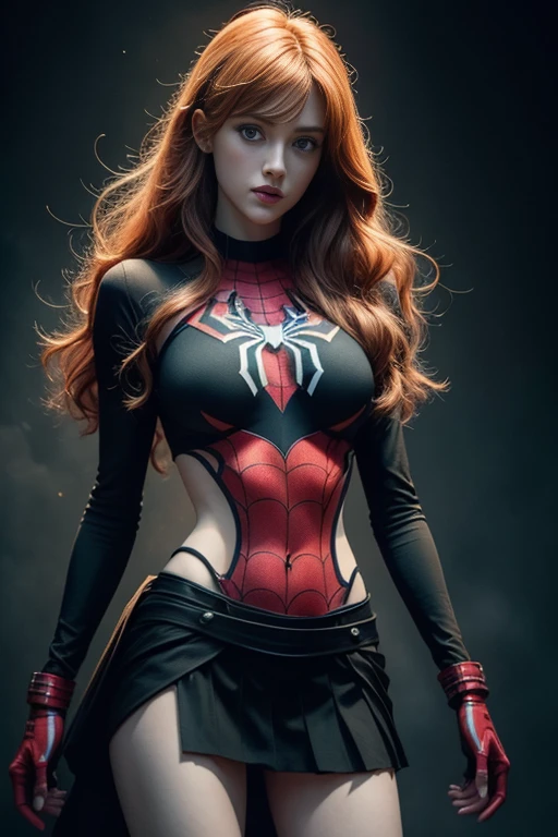 Katherine McNamara、Sticking out the navel、newyork、She wears a torn Spider-Man suit,wearing skirt、 Red and black color scheme,Dynamic、​masterpiece、top-quality、ultra-detailliert、ighly detailed、beautiful detailed brilliance、超A high resolution