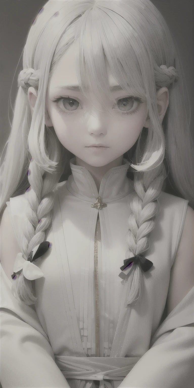 highest quality, masterpiece,gray hair, gold eyes,white clothes, look up, Upper body,hair bundle,Fair skin,side braids