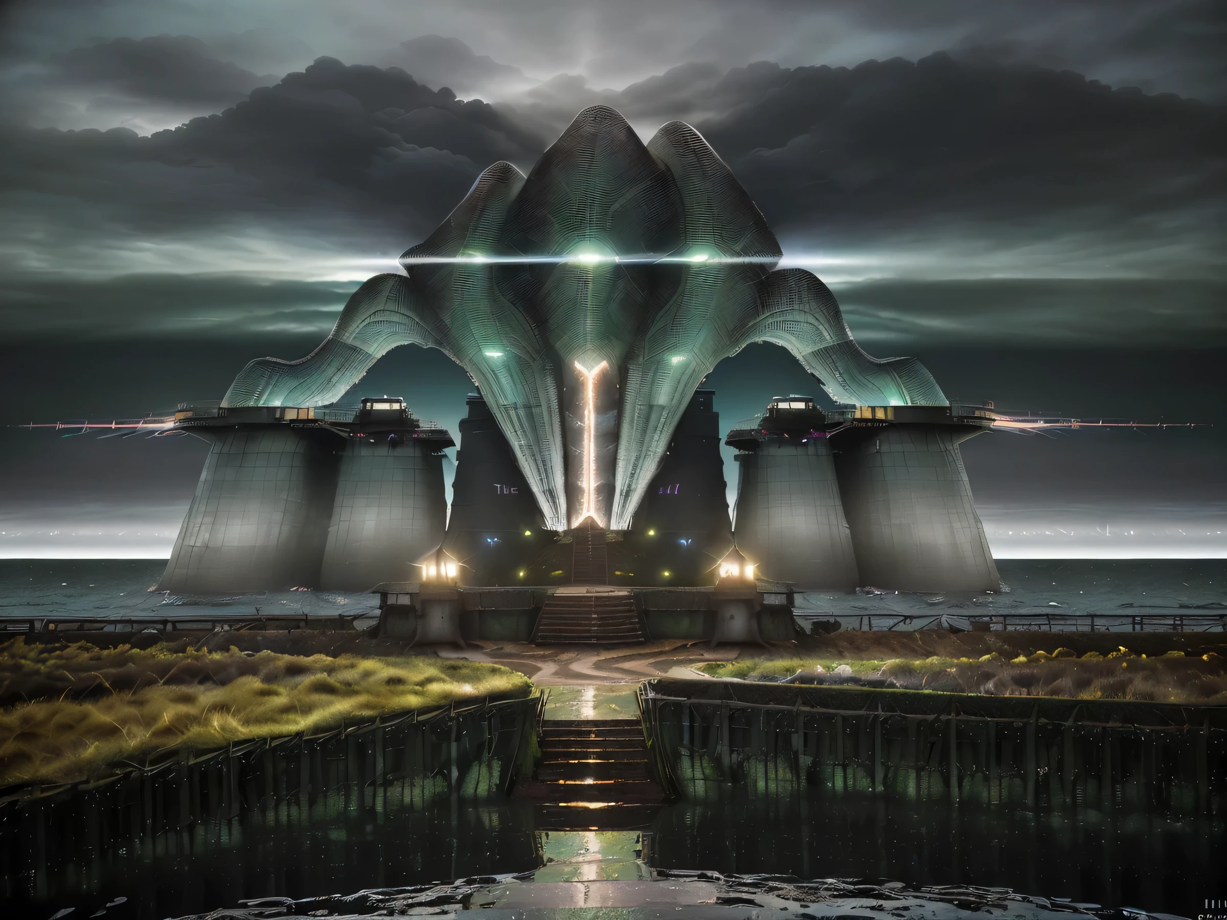 (((fuzzy dynamic colors))), (((ultra-detailed illustration of Dominating the foreground, a gigantic (1.5 ship platform). With precision, the platform (launches 1.3 ships) into the waters below. The ramp, slippery with dense cascades of water (a cascade of liquid energy that defies gravity), guide these vessels towards the sea. A narrow, winding dirt path. three figures silent travelers on an enigmatic journey looking at the sea in front of them with the gigantic platform of ships within sight. All around you is a mix of compacted earth and dark green grass ;))), (((complex 3D projections of hyper-realistic translucent fabric and glowing hollow cybernetic threads))), concept art, ((light particles)), stunning visual masterpiece, (((double exposure))), ((bright texture)), (black tones), (undignified), (boundless), (unpredictable), (surreal ), (professional composition), (award-winning composition) creative freedom, (artistic expression), (extreme composition), (spontaneous composition), (black filter), ((surreal theme)), (fuzzy creatures), (fuzzy figures) , disturbing visual expression, dark and bright fantasy realm, unusual chromatic contrast); (Around it, a mixture of compacted earth and dark green grass; The metal platform, with a square portal in front of it, houses a purpose that is beyond our reach. A soft but persistent fog that settles behind the scenes. The air it is dense with humidity like a spectral veil. The night begins to descend slowly, casting shadows over the path and the background. Sky full of dark clouds. The composition follows minimalism, each element carefully chosen, conveys purpose and mystery. Its anatomical correction Grounds them in reality, while their purpose remains hidden. Image quality transcends common perception. In Ultra High Definition (UHD), every texture, every dew-kissed leaf, is reproduced with extraordinary clarity. High Dynamic Range (HDR) amplifies the contrasts – the darkness against the metallic shine of the platform, the