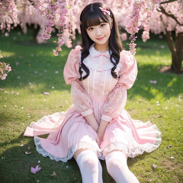 best quality, masterpiece, lifelike, 1 girl, alone, eternal, black hair, Long curly hair, blunt bangs, Smile, pink skirt, pink lolita dress, layered skirt, Lolita style long skirt,分層連衣裙 lace-trimmed 裙子, decorate, lace, long sleeve, puff sleeves, wide sleeves, Transparent sleeves, hair accessories, 在flower园里, flower, Detailed background,  delicate face，pink blush，White knee-length socks, Pink shoes，Lots of lace，((​masterpiece))、(top quality)、8K、high detail、super detailed、 21 years old female，穿着pink lolita dress((dreamy atmosphere:1.1))、Seductive and whimsical style、​masterpiece、born、Scenes resembling fairy tale illustrations、Intricate details showcase the ruffles and intricate designs of the Lolita dress、beautifully、magic、capricious、 Dream aesthetics、「𝓡𝓸𝓶𝓪𝓷𝓽𝓲𝓬、ethereal、charming、fickle、magic」、realism、Visual effect、FXAA、SSAO、shader、voiceless、ambient lighting、Tone mapping、High resolution、ultra high definition、megapixel、(8K resolution:1.10)、8K、Below 8K、8K resolution、high detail、intricate details、 (high quality:1.2、​masterpiece:1.2、:1.21)、(21 years old female:1.21)、(興奮地Smile)、(Surrounded by the dreamy atmosphere of an amusement par色洛丽塔连衣裙、Her eyes were full of surprise and joy、I took a lot of geek photos、High heel、Model diagram，full-body shot，Knee-high 白色的 lace socks,Sweet Lolita，Normal 2 feet，Pink shoes，Baotou shoes，full-body shot，Don't show your fingers，cold，Emphasize the volume of the skirt，exposed，huge breasts，White panties,The skirt flew up，spread your legs，low cut，Expose panties，tutu，Large skirt，hair accessories