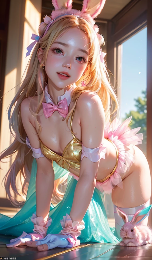 masterpiece, best quality, extremely detailed CG unity 8k wallpaper, (Upper Body head close-up shot of a beautiful ), Wendy, Elegant Long straight blonde hair, (Mckenna Grace), ((flat chest,thighs)), ((pink-Cyan)) golden ((Glittering tutu,long Bunny Ear Headgear, glove, Bow-tie, zettai ryouiki)), ((,all fours,from below)), (Blush), oil skin, (seductive smile), (Wonderland), pretty face, key art, award winning, intricate detail realism hdr, by (ruan jia and artgerm and range murata), Photorealism, Hyperrealism, ultra realistic, dramatic light, intense shadows, gorgeous view, depth of field