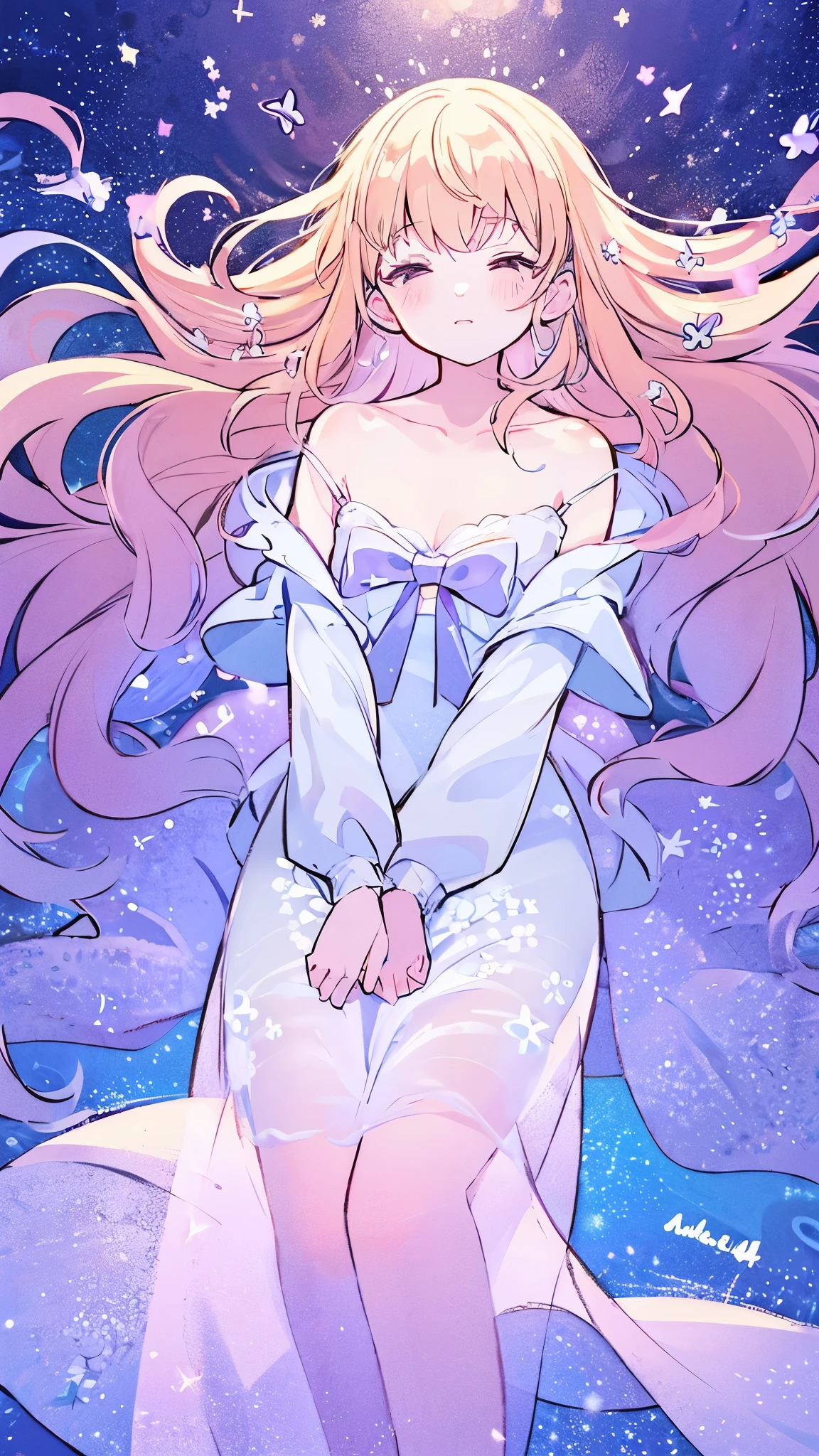 complex background, wishing star background, a woman wearing an ethereal mystical pink translucent dress that reflects the stars, perfume promo art, mystic, complex drawing, highly detailed, Covergirl brand, promo art, artistic rendition, ethereal, starry night, midjourney style
