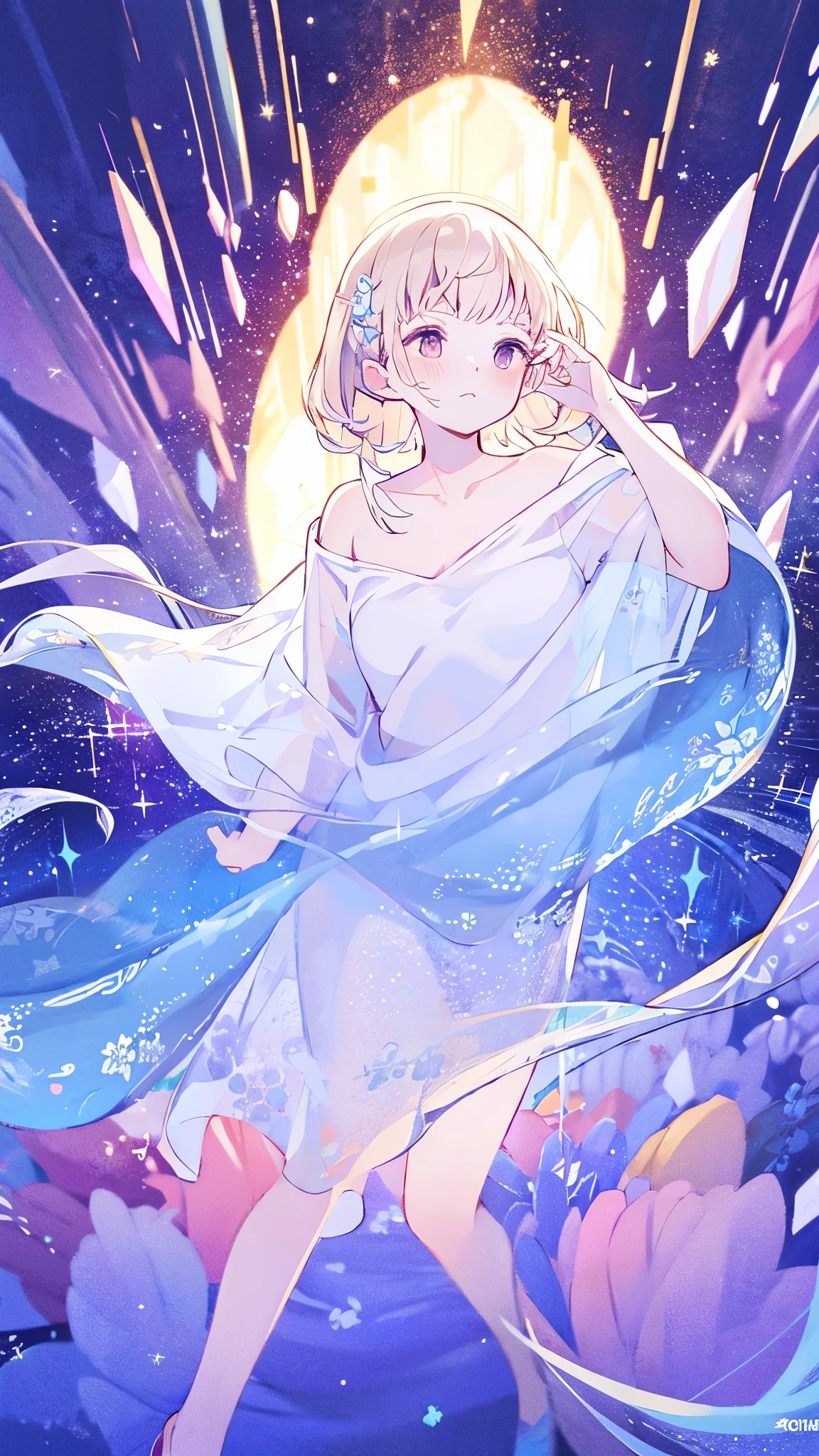 complex background, wishing star background, a woman wearing an ethereal mystical pink translucent dress that reflects the stars, perfume promo art, mystic, complex drawing, highly detailed, Covergirl brand, promo art, artistic rendition, ethereal, starry night, midjourney style
