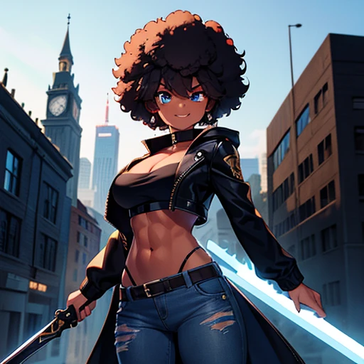 Afro girl,toned,abdomen,Black jacket, afro hairstyle,Sensual look, he has a giant sword,jeans,iron sword,blue eyes,side city,smile,face lights