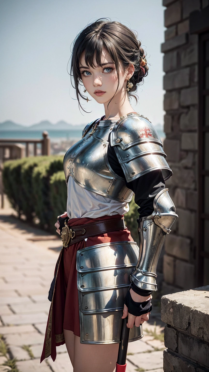 ((最high quality, 8K, masterpiece: 1.3, Ultra HD, high quality, 最high quality, High resolution, realism)) 、(high color saturation:1.0), (highly detailed skin), (最high quality:1.0), (超High resolution:1.0) ,(realistic:1.0), (Super detailed:1.0), (8K, Raw photo:1.1), slender、Slender, muscular body that's toned like an athlete's、Jeanne d'Arc、Wearing Western armor from head to toe、holding a pole with a flag on it、nice body、I'm on top of a small hill、There are many knights in armor around.