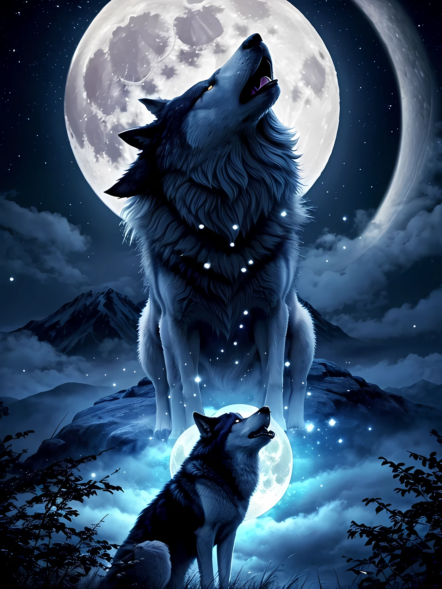 the wolf is howling、Background of full moon floating in the night sky、mysterious aura