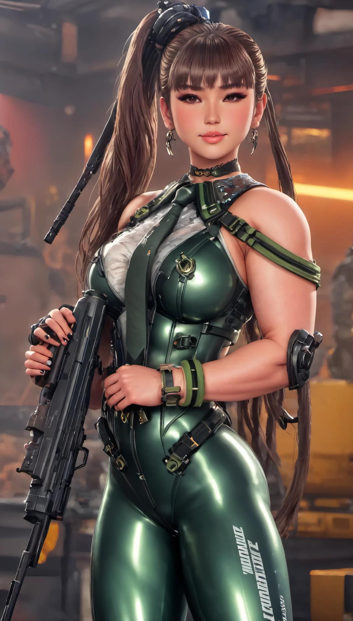 Eve, Stellar Blade, big breast, thicc thighs, 1girl,solo,heavy makeup,cute,earrings,ring braid,(lewd smile:1.1),holding submachine gun,ponytail,idol,hooker,military uniform,(battleground:1.1),