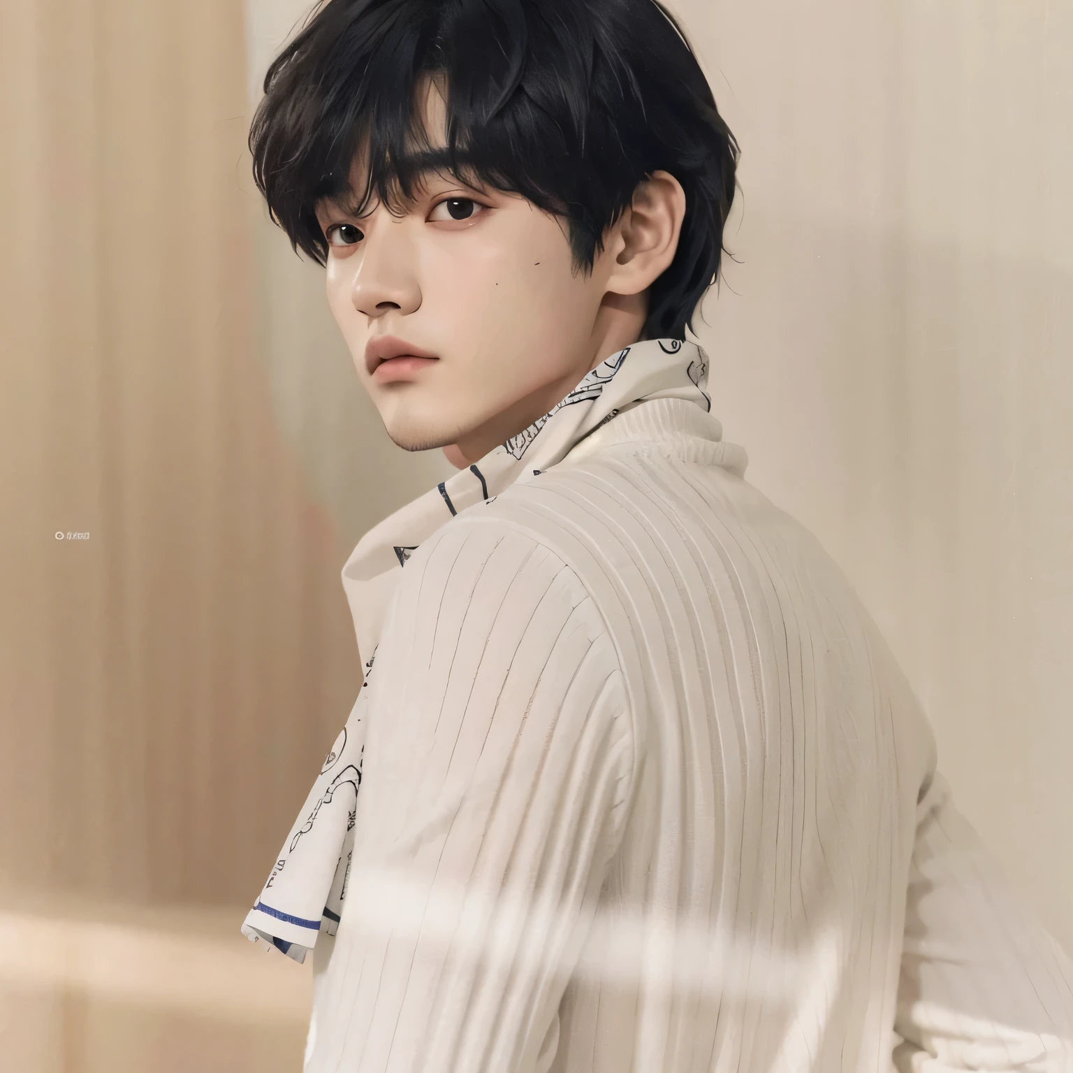 un primer plano de una persona que llevaba una camisa blanca y una bufanda, jinyoung shin, hyung tae, escaneo de alta calidad, yanjun chengt, kim doyoung, young pale angel, escaneo de revista, Cai Xu Kun, jungkook, aesthetic jinyoung pimple, Hong June Hyung, uescaneo de alta calidad, diecisiete dimensiones, fanart oficial, fotos oficiales, yoongi de pelo negro, arte oficial
