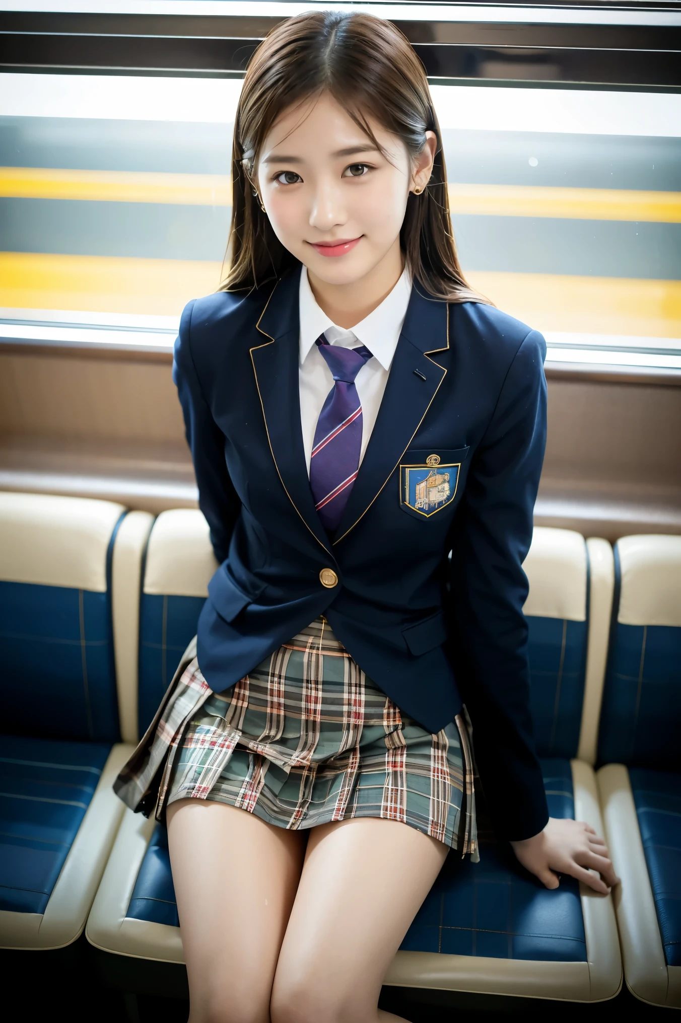 (8K), (highest quality: 1.2), (realistic), (realistic: 1.37), ultra high resolution, 1 girl, cute, smile, closed mouth, beautiful details, beautiful nose, wet hair, giant dulcefo, pork, thighs,Self snap,University Student Uniform,Sitting on a Tokyo train,simple blazer,pleated skirt,(The pattern of the skirt and tie is a tartan check pattern..:1.3),cross your legs, From above,thighs
