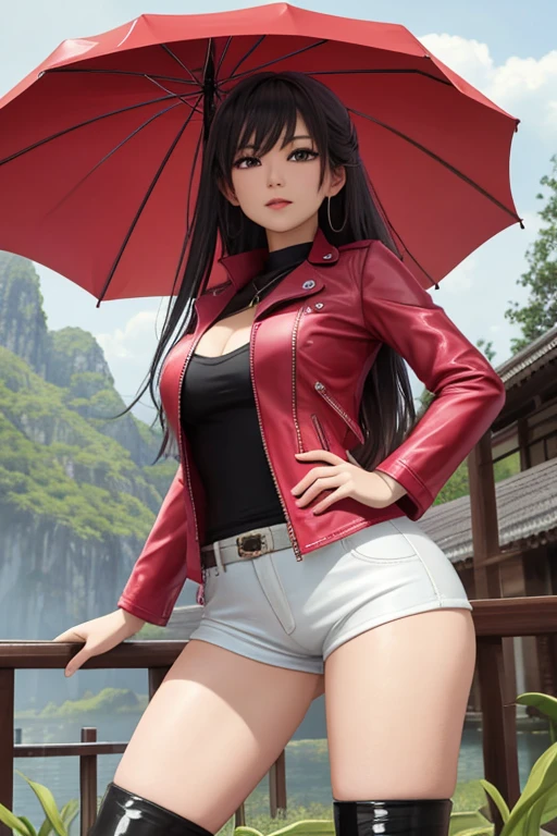 An Asian girl, looking to viewer, designed with a high level of detail and a glossy, almost surreal quality, epitomizes the art of supermodel photography. Plump body, short pink leather jacket, shorts and thigh high heels, her outfit accentuates her body, reflective, shiny, realistic, rainy day, wet, water dripping, standing against the backdrop of a Vietnamese pagoda, a monumental masterpiece, a cinematic experience, HDR, UHD. The contrast between the fantastical characters and the color scheme and more traditional elements gives the work a compelling narrative quality.