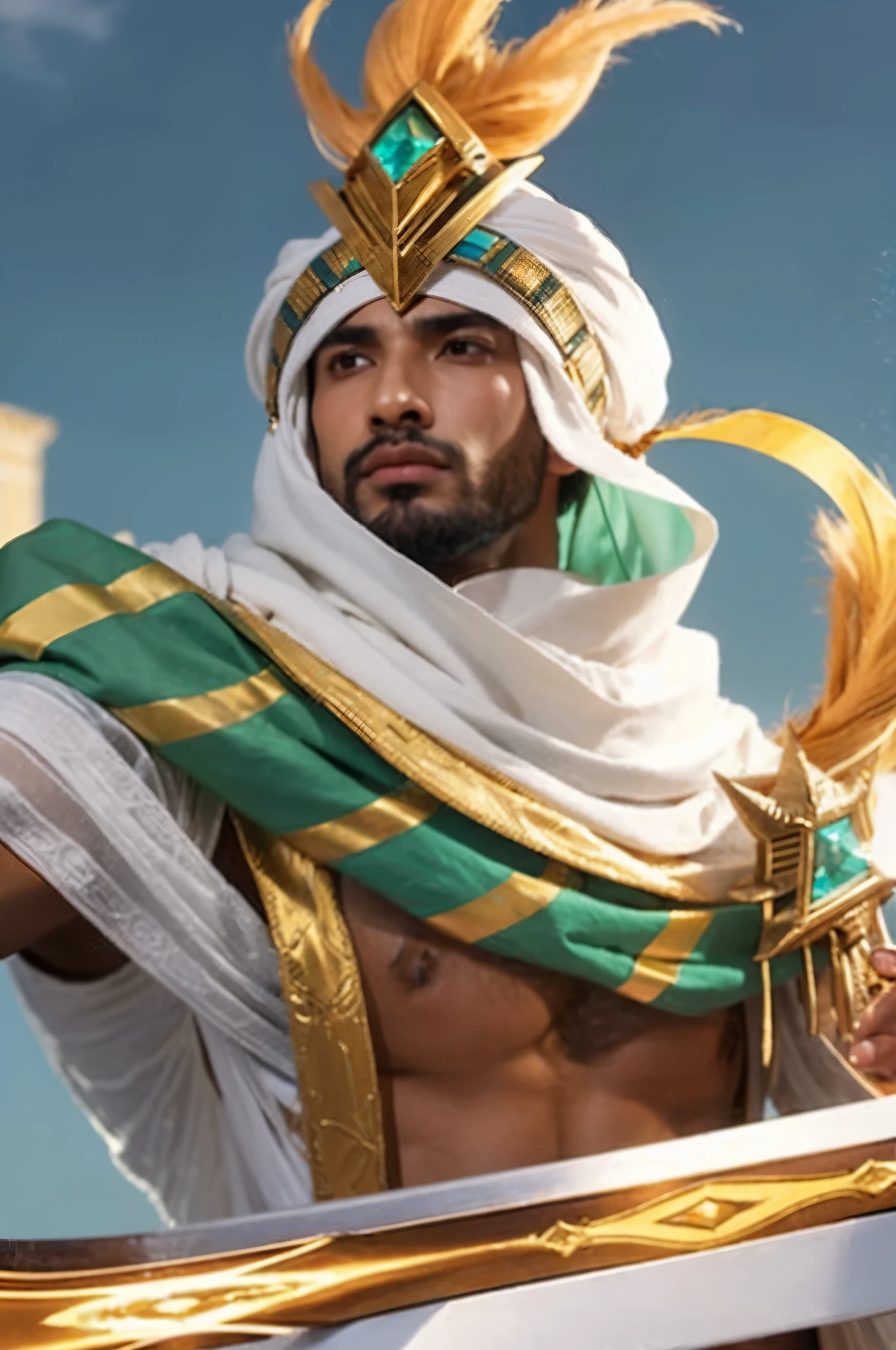 a close up of a man with a sword and a scarf, zenra taliyah, handsome prince of persia, desert fighter ancient mage, arabian, taliyah, brown skin man egyptian prince, middle eastern skin, artgerm and genzoman, wind egyptian god, an arab standing watching over, egyptian, sahara, storm egyptian god, djinn human hybrid