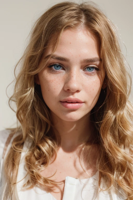 a close up of a woman with long blonde hair and a white shirt, blondie, pastel blue eyes,portrait sophie mudd, soft freckles, light cute freckles, beautiful fine face features, light freckles, photo of a beautiful woman, woman with freckles, portrait of a beautiful model, blonde hair with freckles, very light freckles, extremely beautiful face, beautiful face and flawless skin