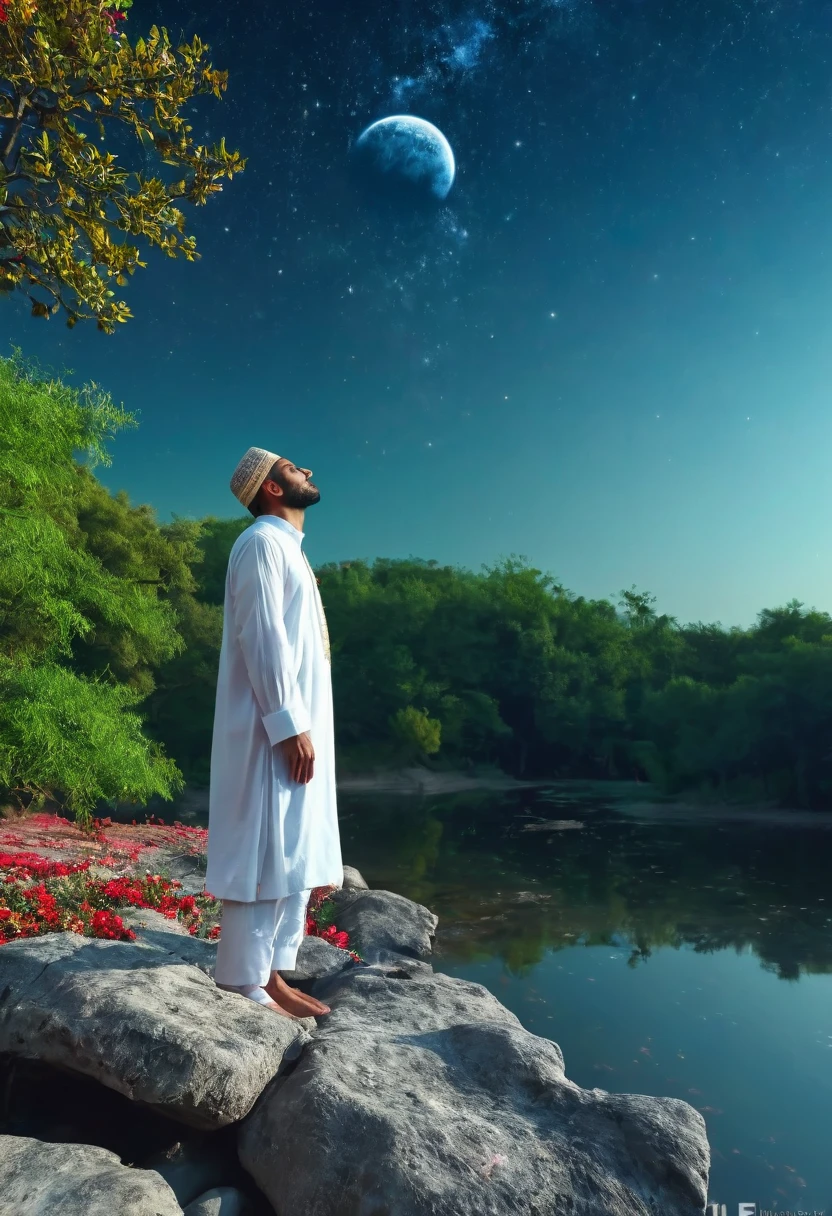 A men standing on mooon, he is look at earth on the sky, he has luxury wearing dressa, lot of stars on the sky, left and right side are tall trees and red, bue flowers, 4k ultra hd, someone is namazing on moon, a muslim men praying, small river left side, right side rock, standing man on the rock and praying,
