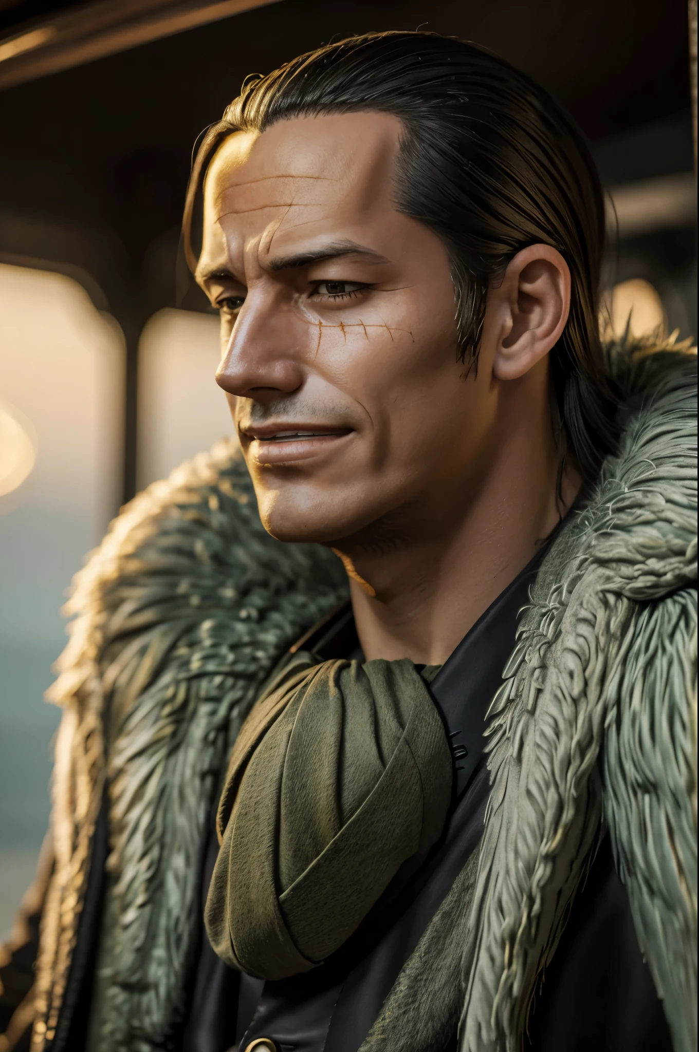 masterpiece, best quality, extremely detailed, hyperrealistic, photorealistic, a cool 40s man, ultra detailed face:1.2, fur-trimmed coat, scarf around the neck, his left hand is a golden pirate hook:1.1, on ship, sea:1.2, smiling
