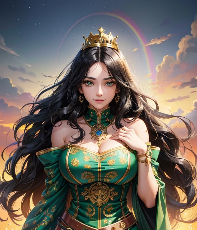 (((young woman))), anime, ( green eyes), (black hair), nice face, smile, perfect body, wavy hair, long hair, (((king))), big breasts, ((master piece, highest quality)), illustration, Ultra-detailed 8K, realistic, sharp focus, very detailed, professional lighting, colorful details, Rainbow-colored, shine, intricate details, vivid details, Hippie style,  Originally