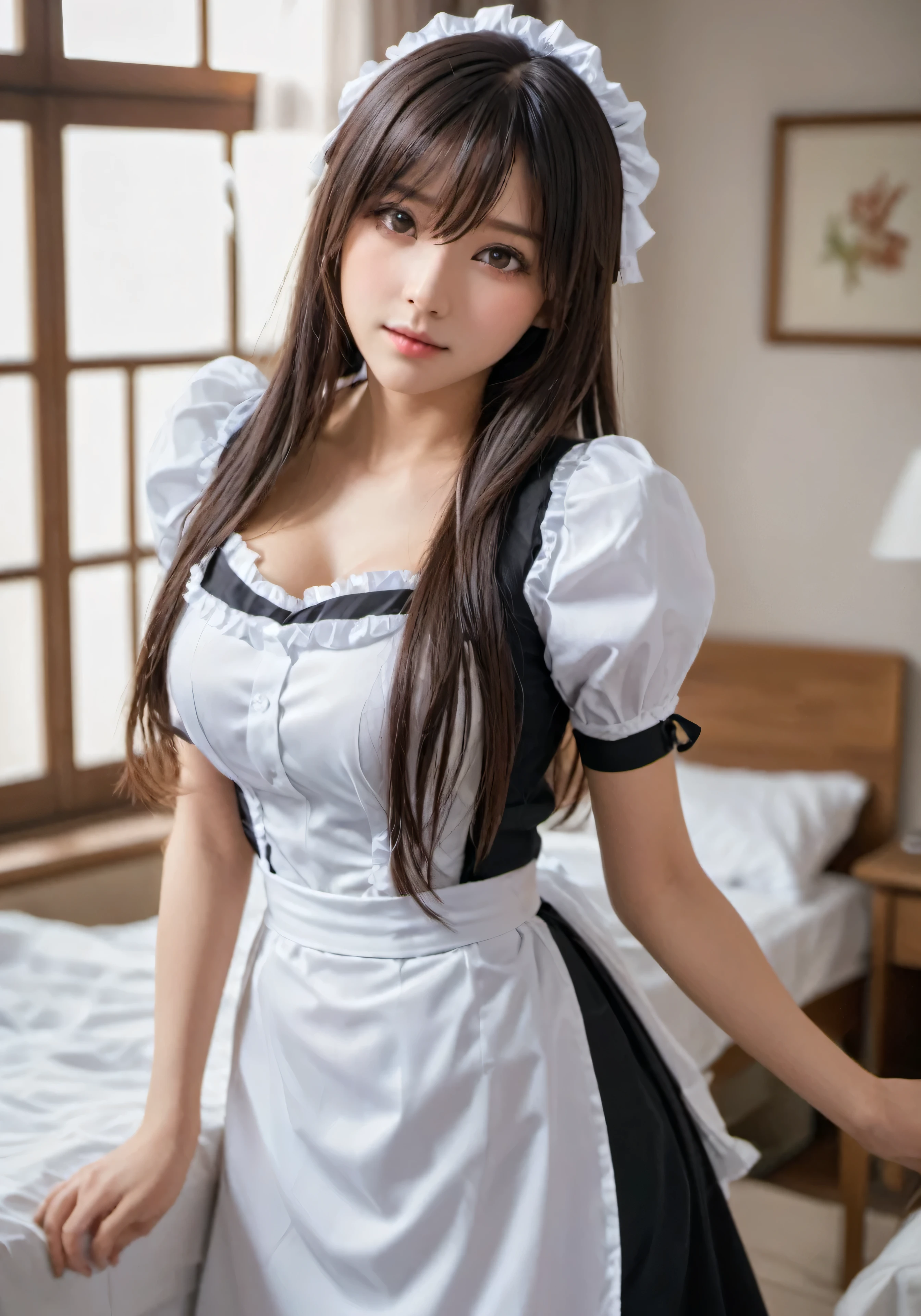 photograph, disorganized, High resolution, super detailed, maid girl,:d、((Long straight hair_Hair reaching down to the waist:1.3))