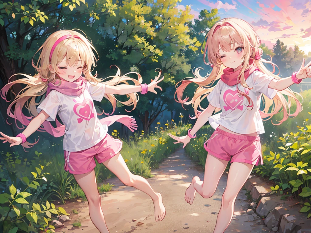 a cute 6 year old church girl from Colorado named Anna, brownish blonde hair, long wavy hair, pink white short sleeve tshirt, scarf, pink shorts, wearing a pink hairband, on a jog, on a dirt trail, in the woods, eyes closed, sunset, slight smile, wristbands, barefoot, joyful, energetic, peace sign, 5 fingers