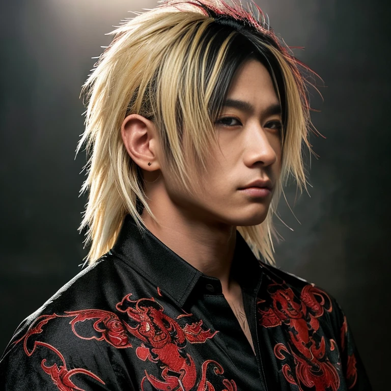 1 man, Japanese man, male, Asian eyes, muscular, broad shoulders, dragon tattoos, hairstyle Visual Kei style, hair Visual Kei, black men's shirt and black pants, ultra detailed face, hyperrealistic, realistic representation, long hair, long hair, 30 years old, age 30 years, blond, blonde hair
