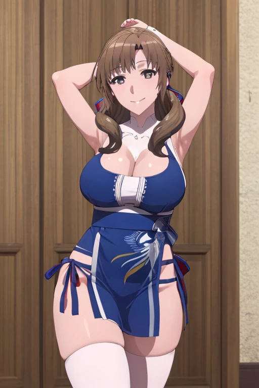 masterpiece, best quality, beautiful art, high resolution, well formed hands, body and fingers, 1 woman, solo, Mamako Oosuki, adult, hair ornament, big breasted, cleavage full body, long hair, blue_kunoichi_dress, sleeveless, white stockings, gorgeous legs and thighs, dancing seductively and erotically, smiling joyfully, looking at the viewer, flirting, beach environment 