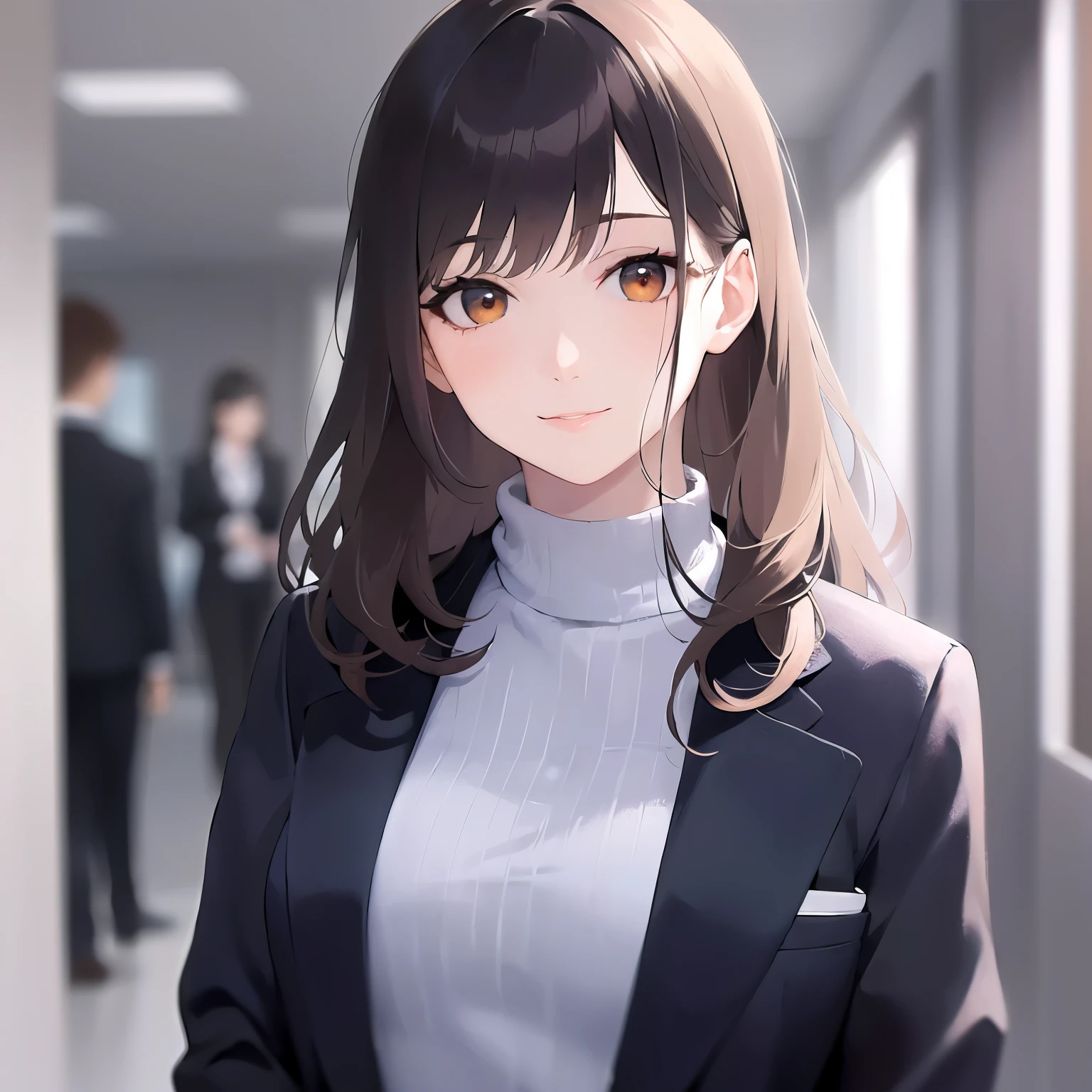 Upper Body, Realistic, real person, (pale skin: 1.2), RAW photo, photorealistic, portrait photography, shiny skin, japanese idol、shiny hair、(25 year old woman with medium hair with bangs) and (wavy hair) and (brown hair) and (orange eyes) , (business suit:1.5) and (White turtleneck top) 、smile, The background is the office front desk.、Alone、Are standing