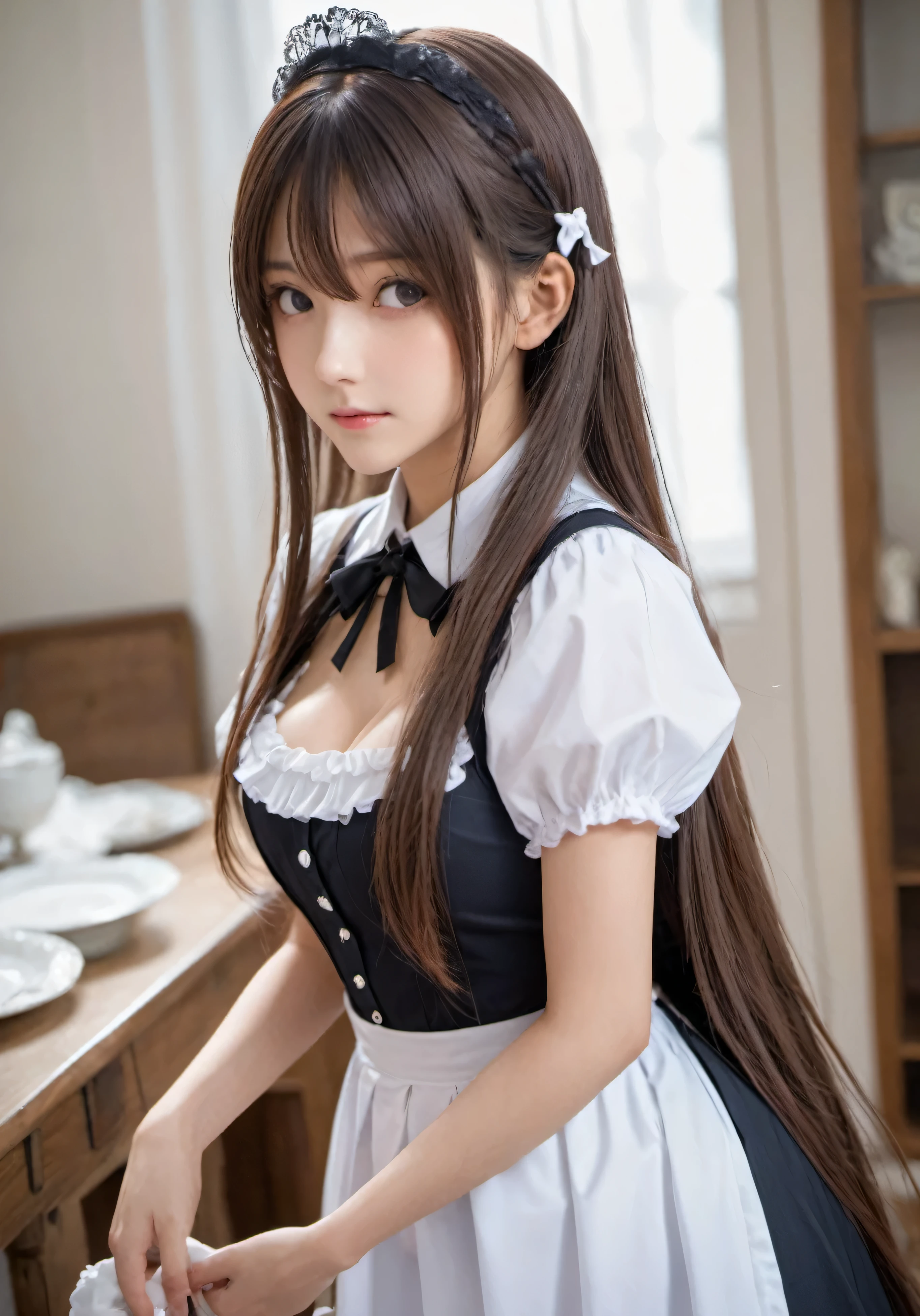 photograph, disorganized, High resolution, super detailed, maid girl,:d、((Long straight hair_Hair reaching down to the waist:1.3))